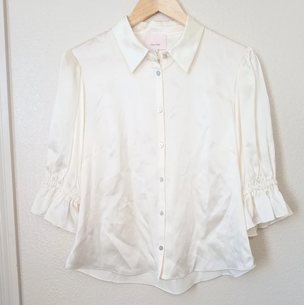 Cinq à Sept Silk Fiona Satin Cinched Sleeve Blouse Top Ivory